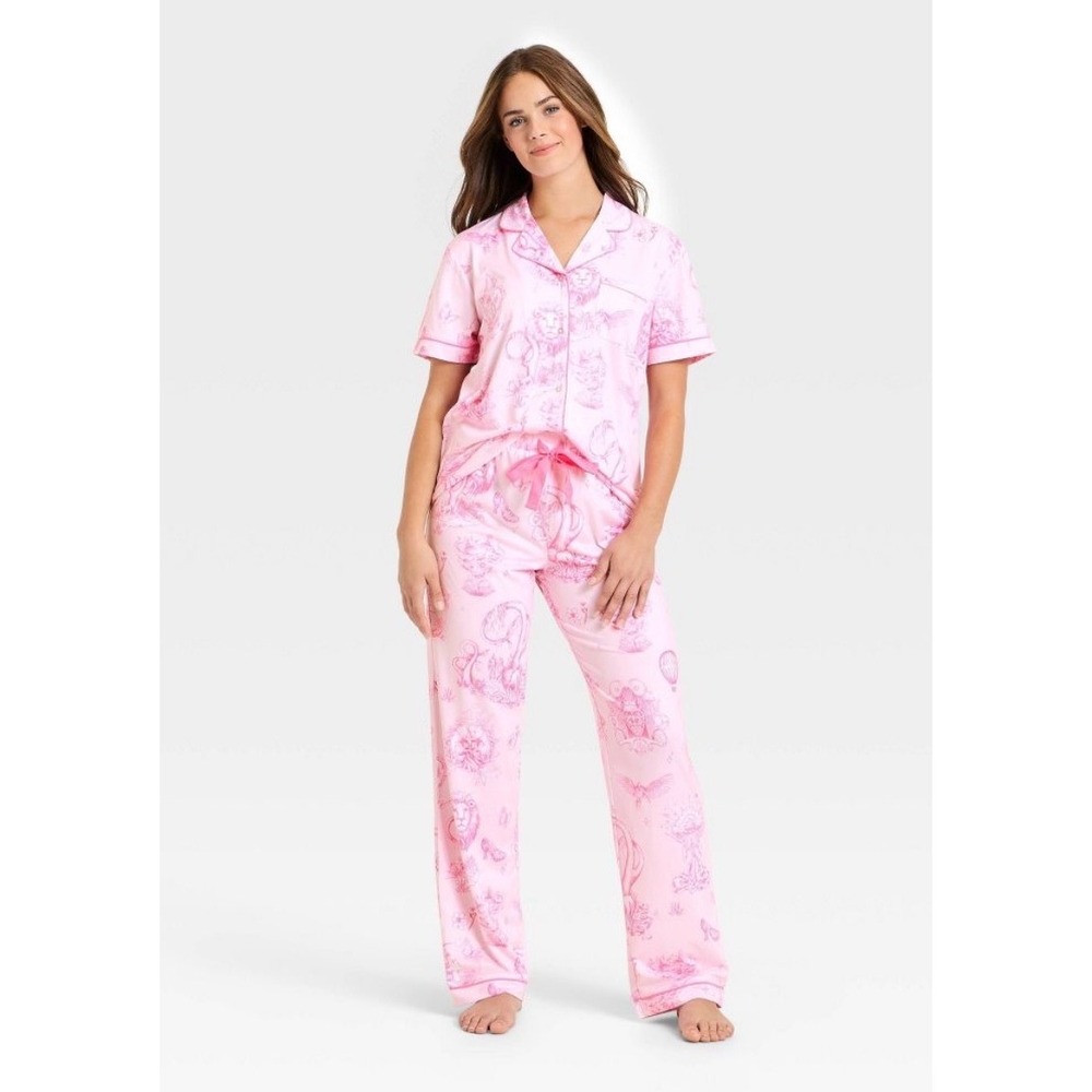 Katie Kime x Wicked Pink Toile Pajama Set XXS Short Sleeve Top Wide Leg Pants